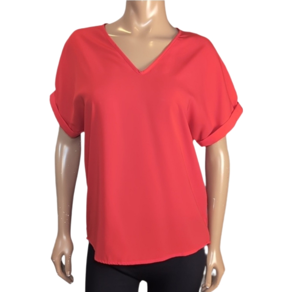 Japna Short Sleeve Blouse Womens Small Red Oversized Relaxed Vneck Top